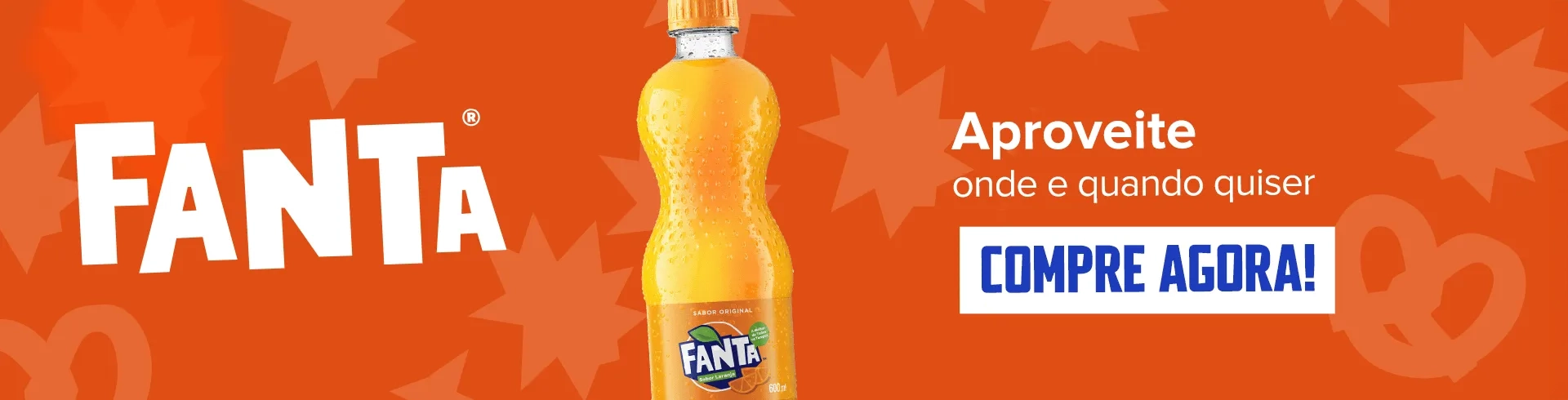 Uma garrafa de Fanta com um fundo laranja vibrante e um texto convidando os usuários a comprar Fanta no comércio eletrônico Na Sua Casa, dizendo: 